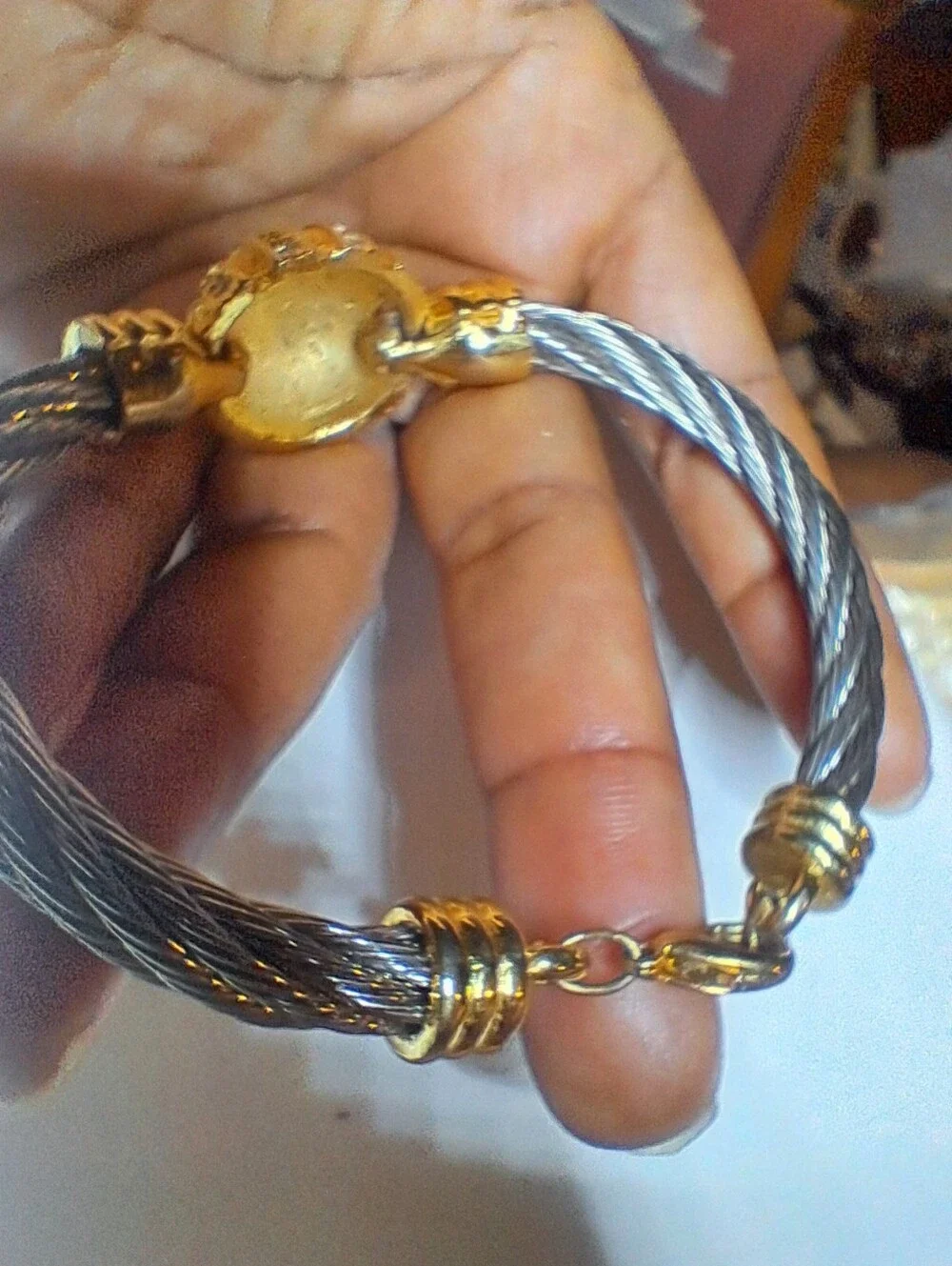 Two-Tone Twisted Cable Statement Cuff Bracelet with Rhinestone Accents